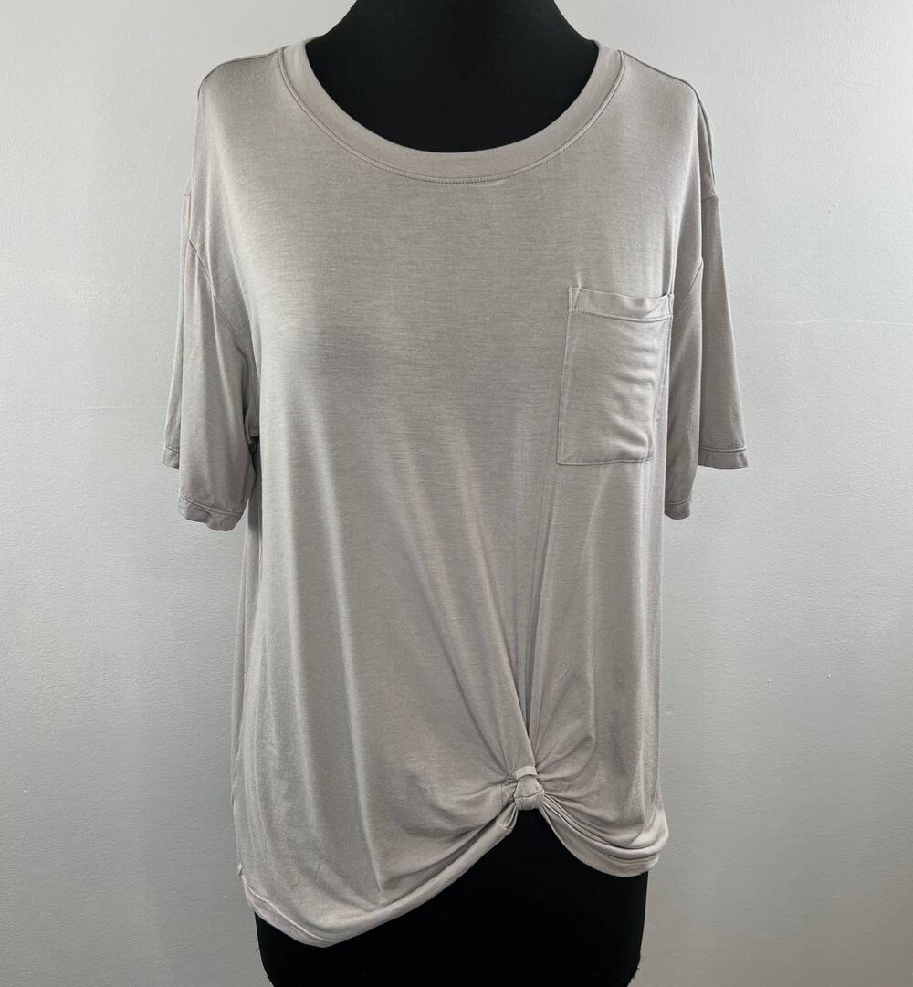 ZELLA Beige Scoop Neck Short Sleeve Ruched Knotted Hem Pocket T-Shirt Top S